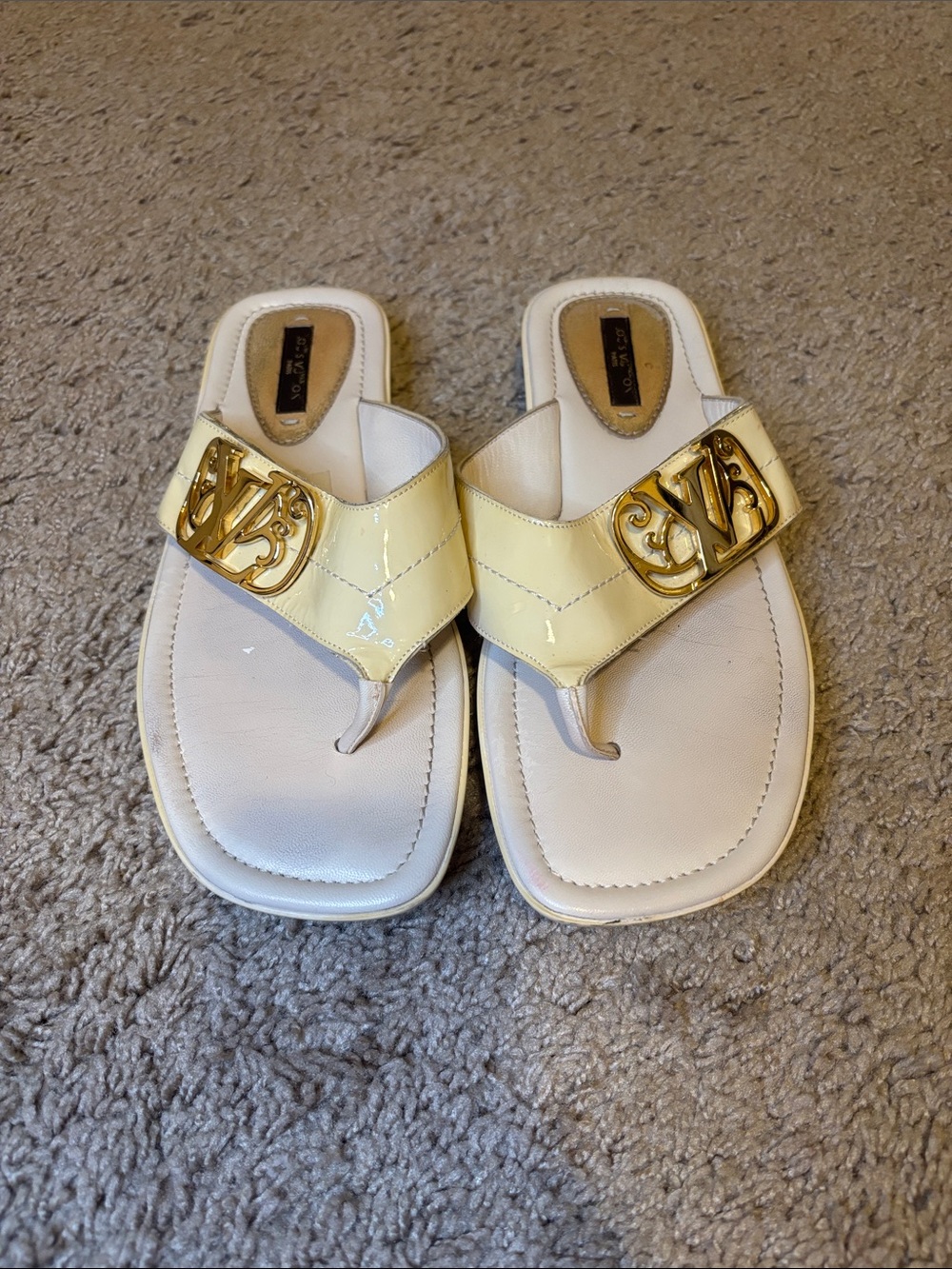 Louis Vuitton Vintage Cream Color Patent Leather Thong Sandals with Gold LV Logo